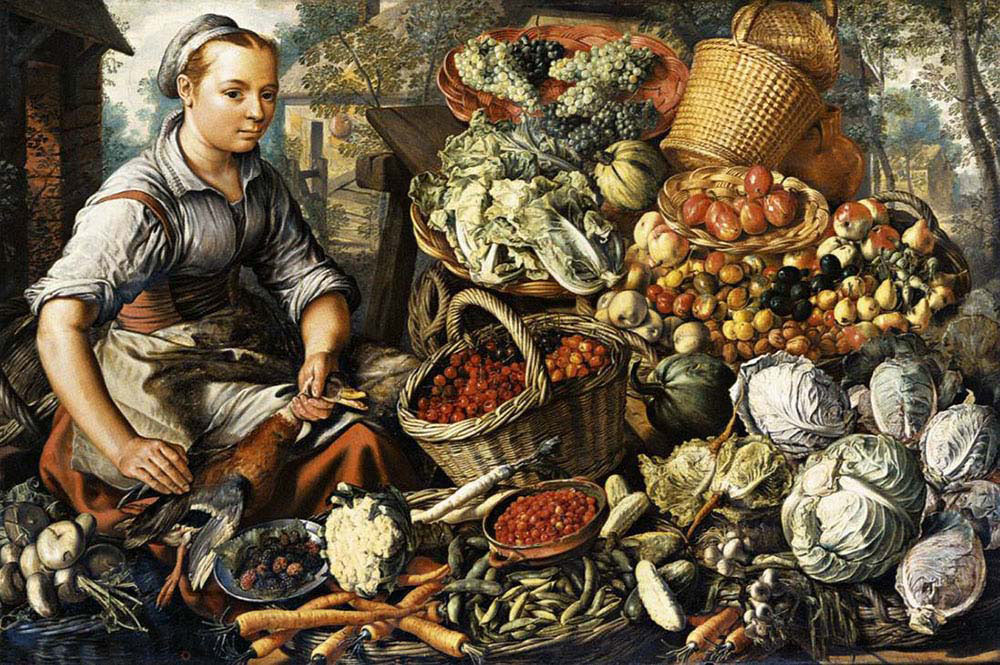 Market Woman with Fruit Vegetables and Poultry